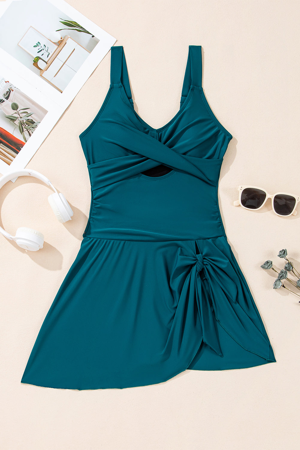 Navy Blue Adjustable Straps Cutout Ruched Knot Slit One Piece Swim Dress