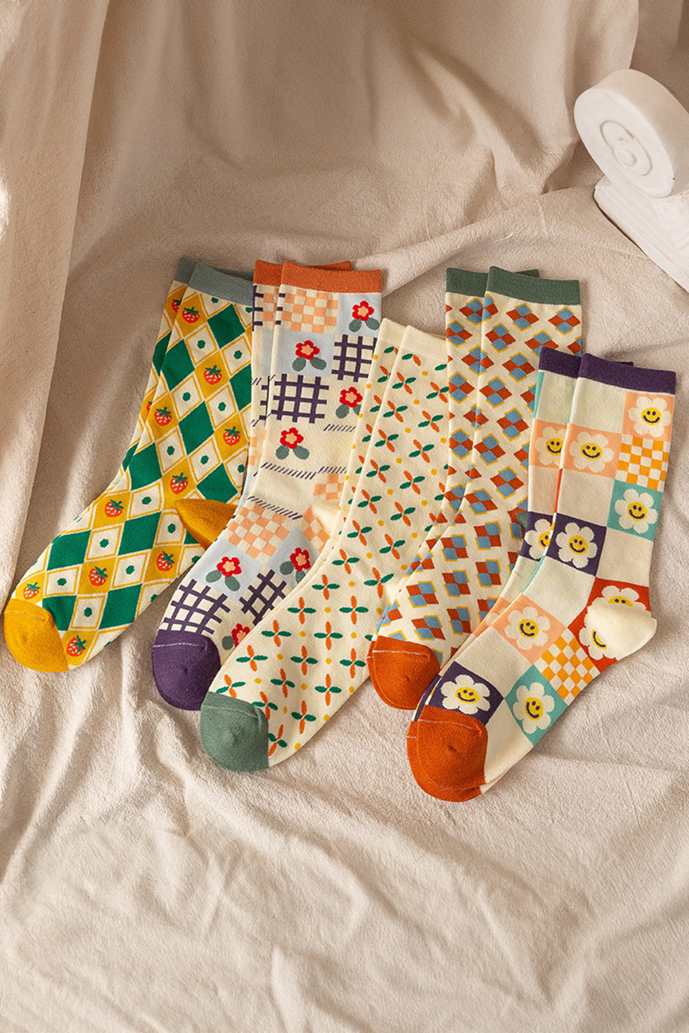White Plaid Floral Cotton Crew Socks