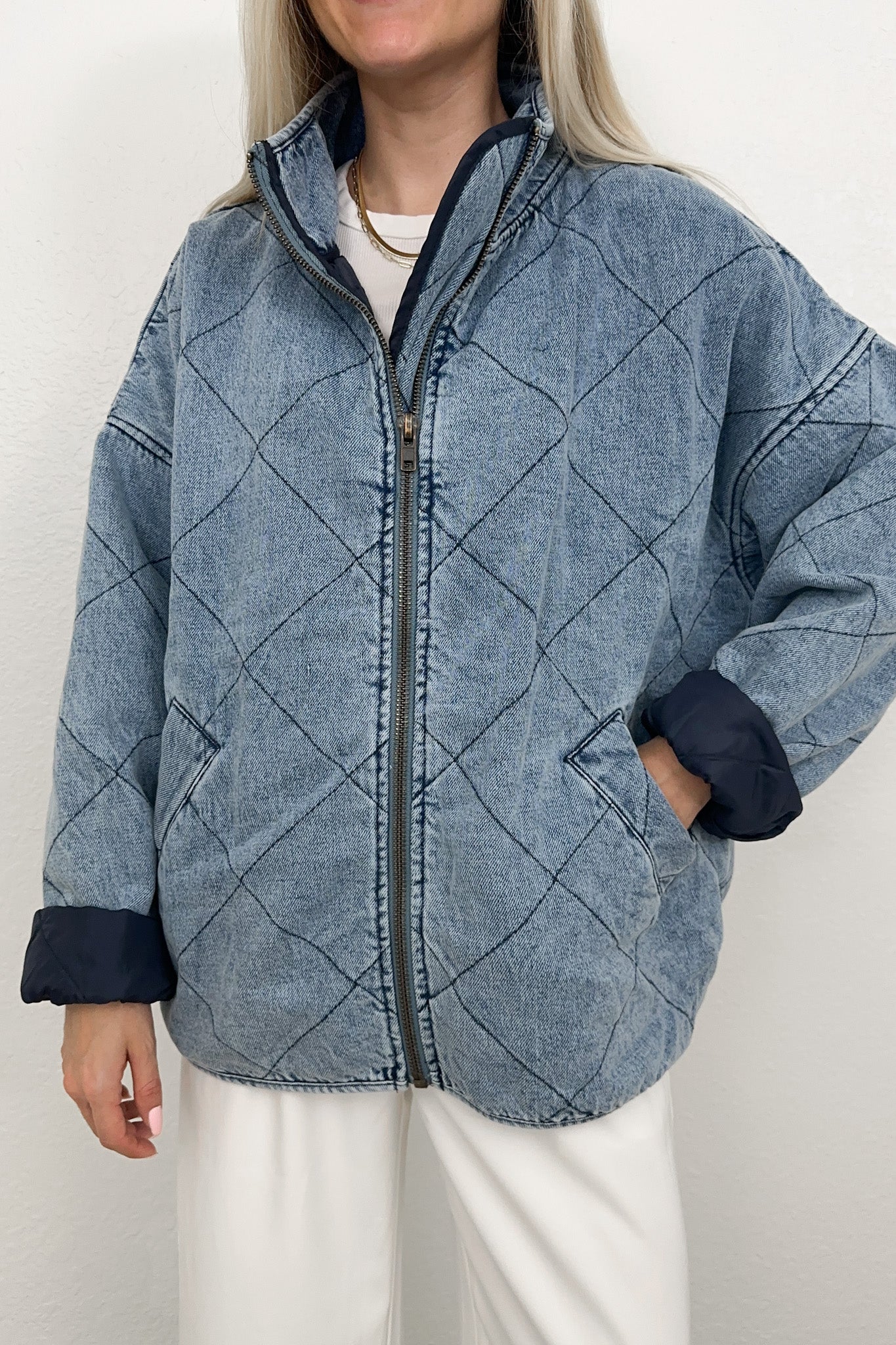 Autumn Women Denim Quilted Cotton Padded Collared Loose Double Pocket Jacket