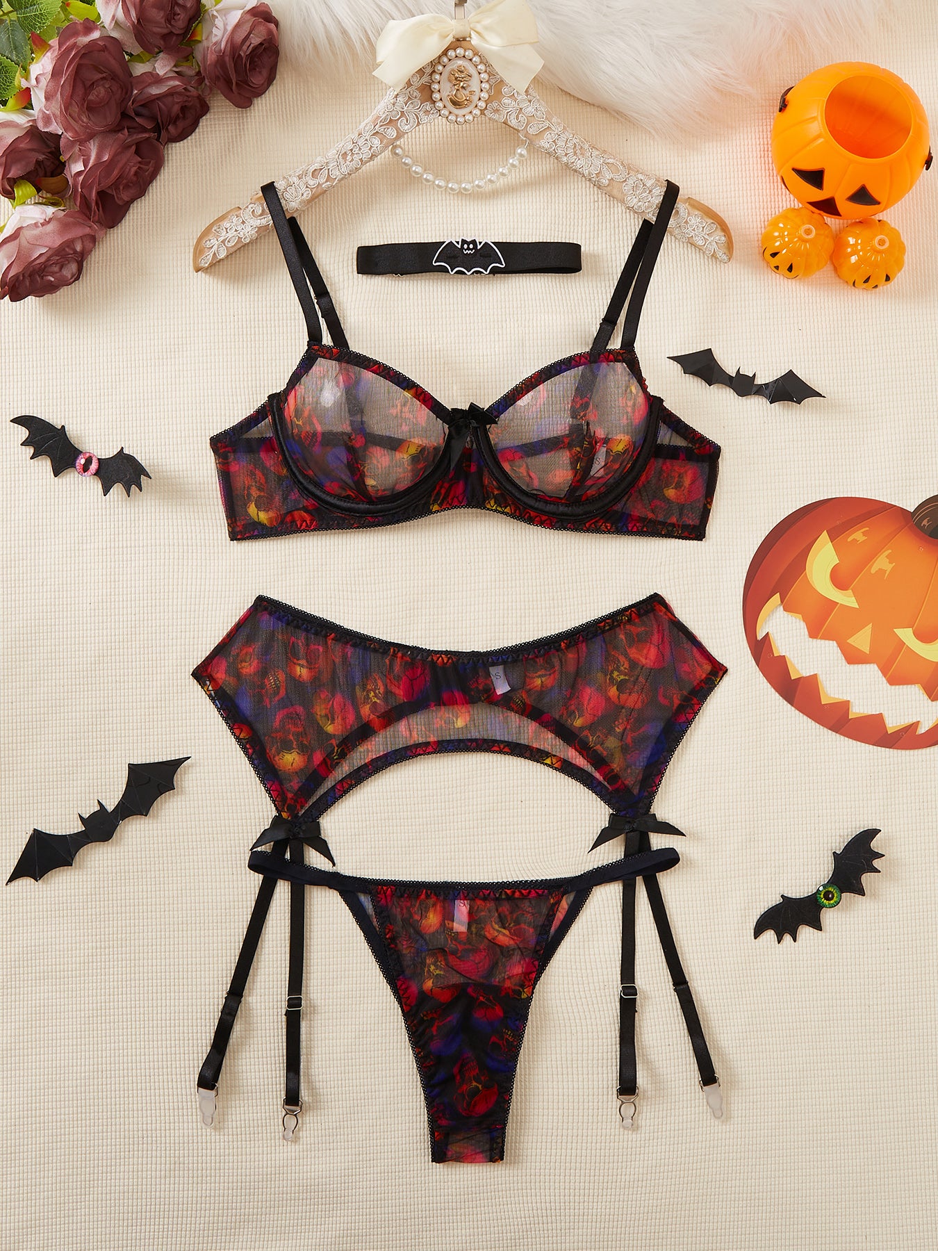 Halloween Sexy Lingerie Four Piece Set Skull Printed Bat Bandana Garter Belt