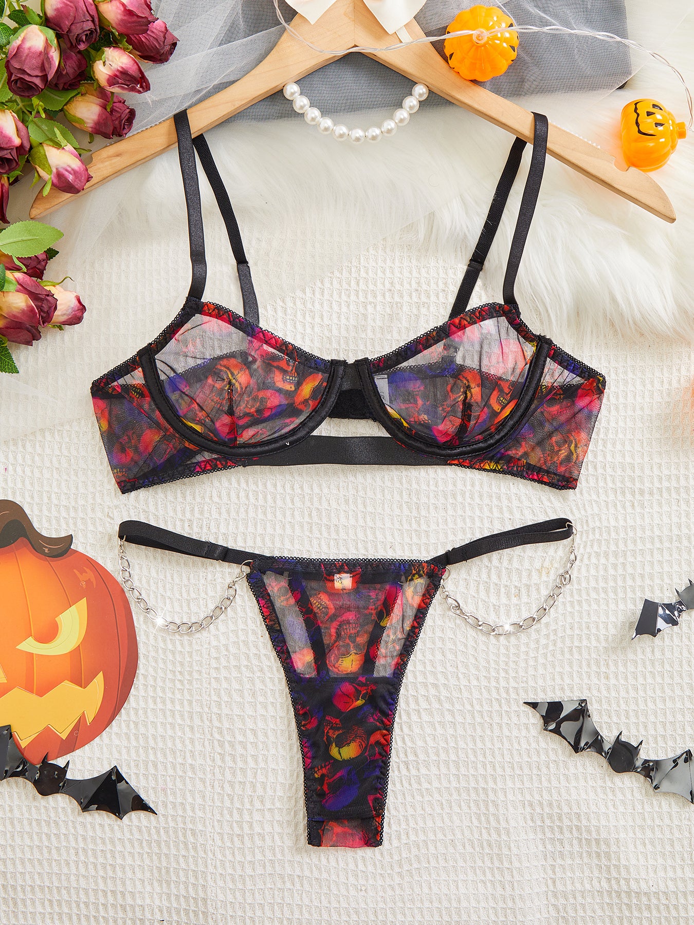 Sexy Lingerie Halloween Skull Printed Sexy Bra Set SM Iron Chain T Back