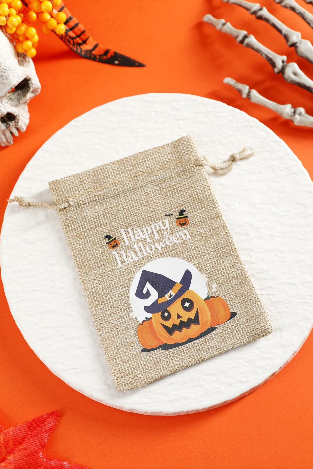 Orange Pumpkin Witch Halloween Party Gift Burlap Bag