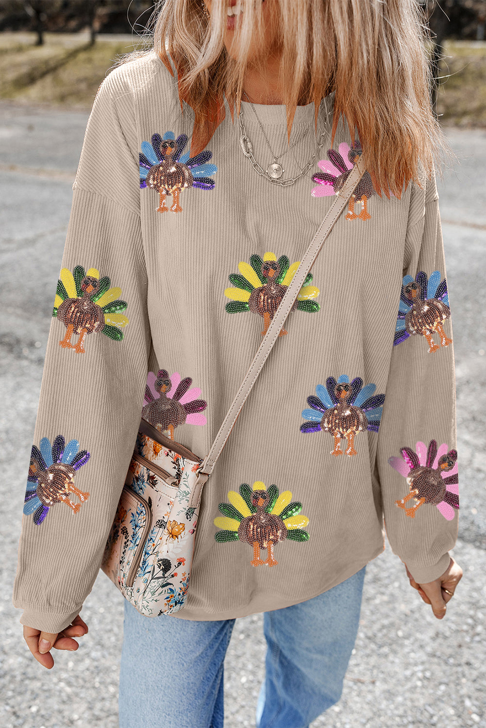 Smoke Gray Turkey Patch Application Graphic Corded Sweatshirt
