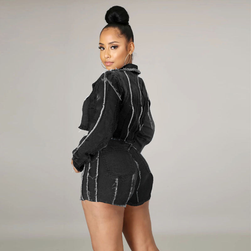 Autumn Slim-Fit Short Coat Black Short Frayed Irregular Asymmetric Denim Coat