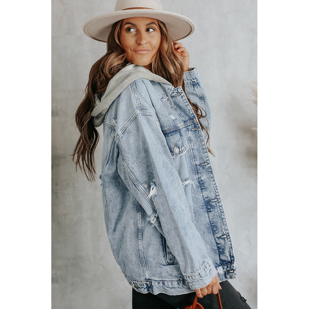 Sky Blue Button Closure Ripped Hooded Denim Jacket Women Washed Frayed Jacket