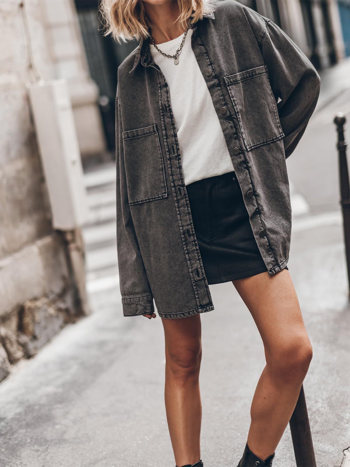 Retro Collared Denim Coat Women Blue Large Pocket Loose Casual Jacket