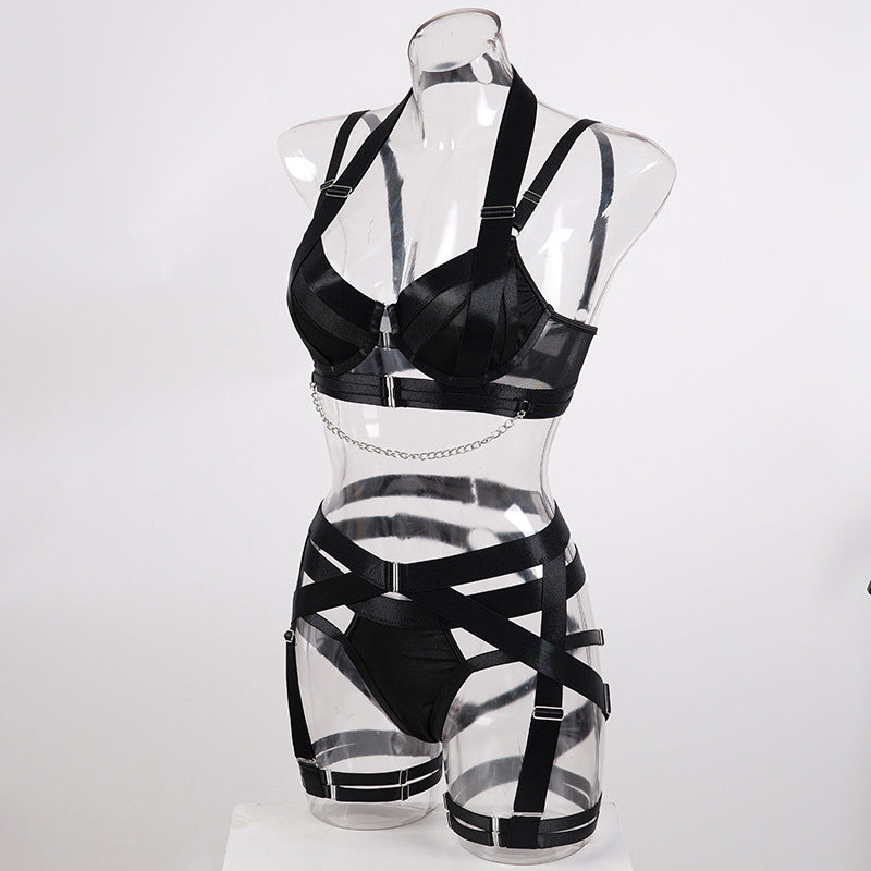 Summer Hollow Out Cutout out Lace up Cross Sexy Lingerie Body Shaping Two Piece Set