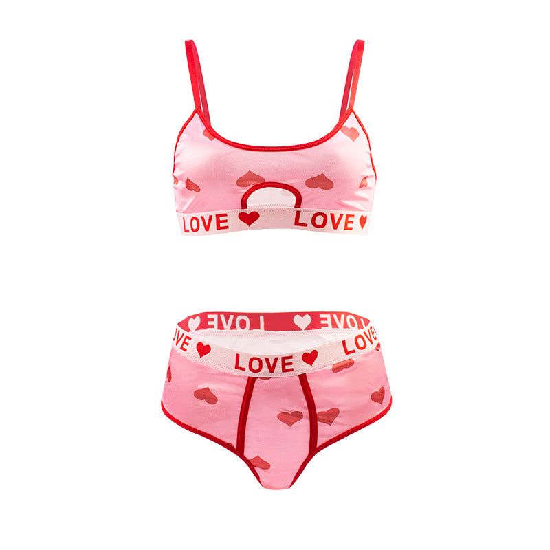 Strap Stretch Bra Letter Graphic Heart Printing Briefs Sexy Two Piece Sets