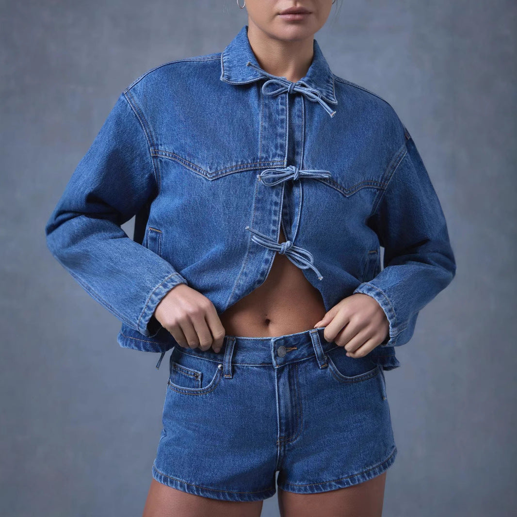Women Loose Casual Strap Denim Coat