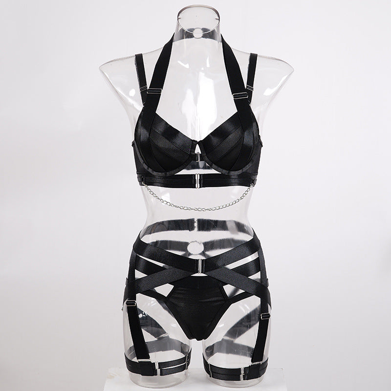 Summer Hollow Out Cutout out Lace up Cross Sexy Lingerie Body Shaping Two Piece Set