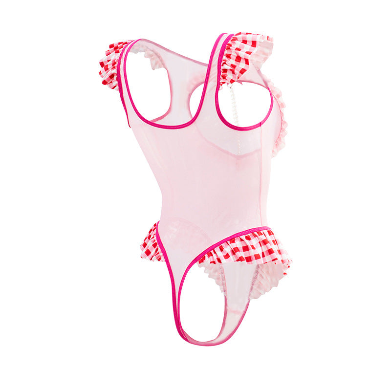 Women Pink See through Sexy Seductive Flirting Bed Passion Sexy Jumpsuit Uniform