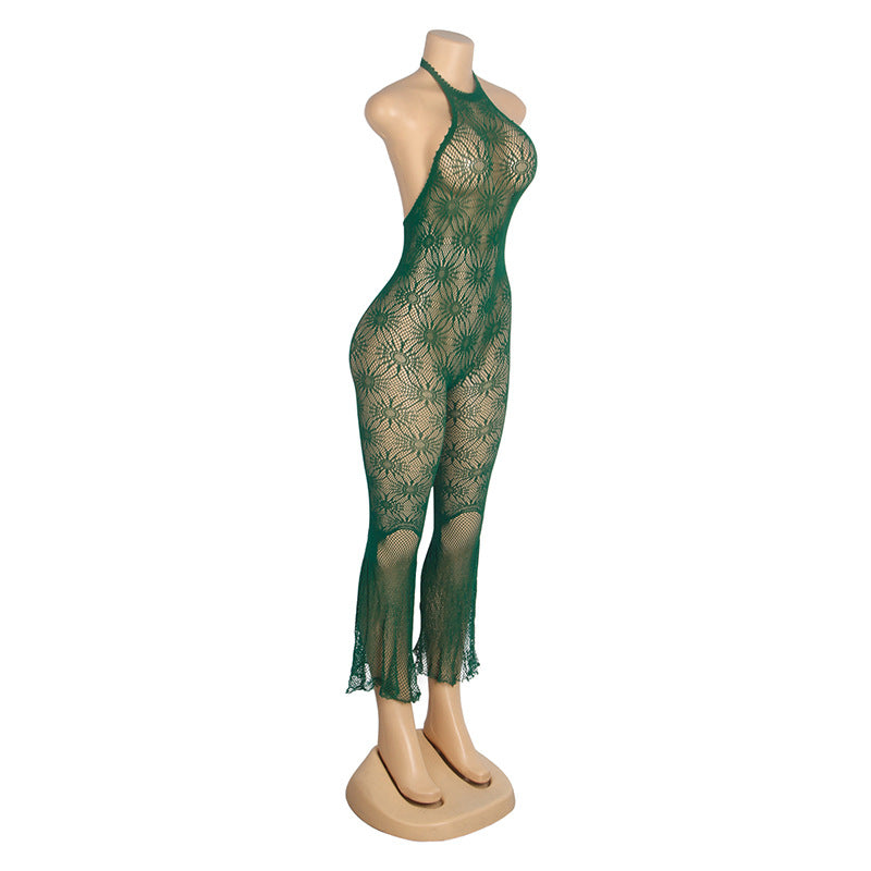 Party Ball Jumpsuit Lace Halter Jacquard Backless Siamese Bell Bottom Pants Jumpsuit