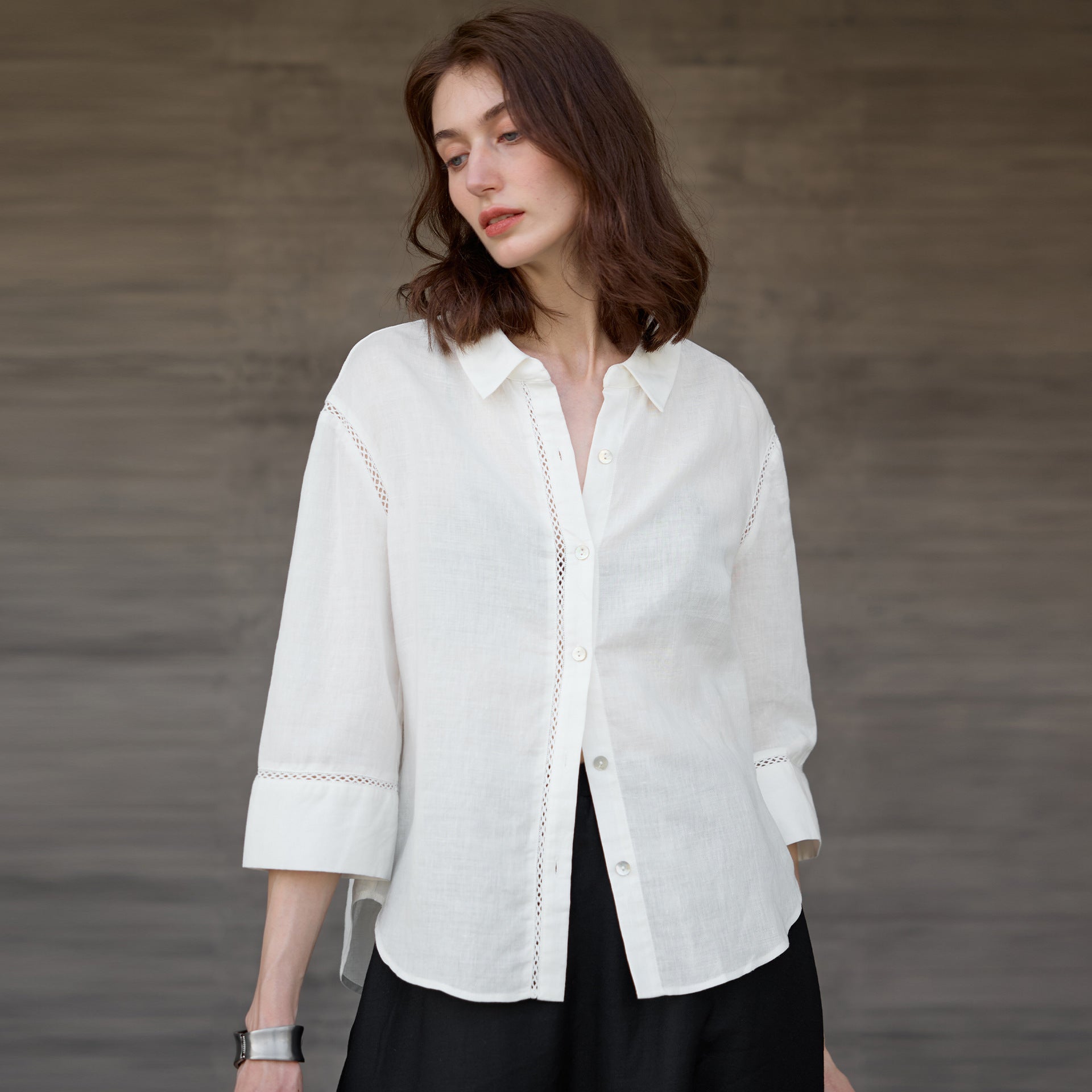 Placket Hollow Out Cutout out Lace Design Shirt Women Old Money Three Quarter Sleeve Shirt Polo Collar Solid Color Top Summer