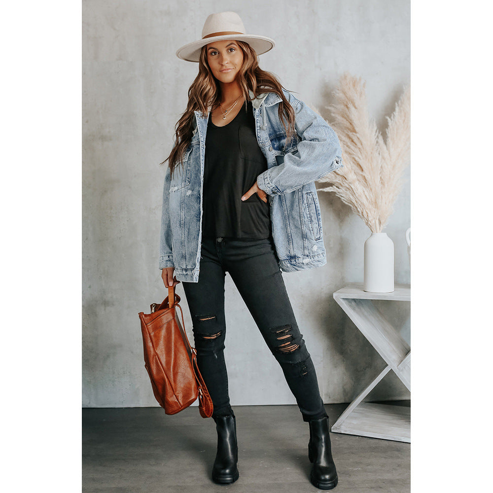 Sky Blue Button Closure Ripped Hooded Denim Jacket Women Washed Frayed Jacket