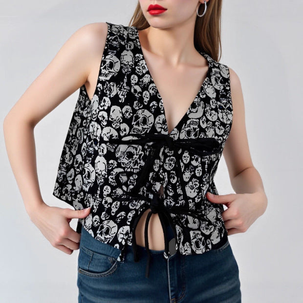 Women Clothing Halloween Embroidered Jacquard V neck Lace up Vest Retro Sleeveless Top Vest