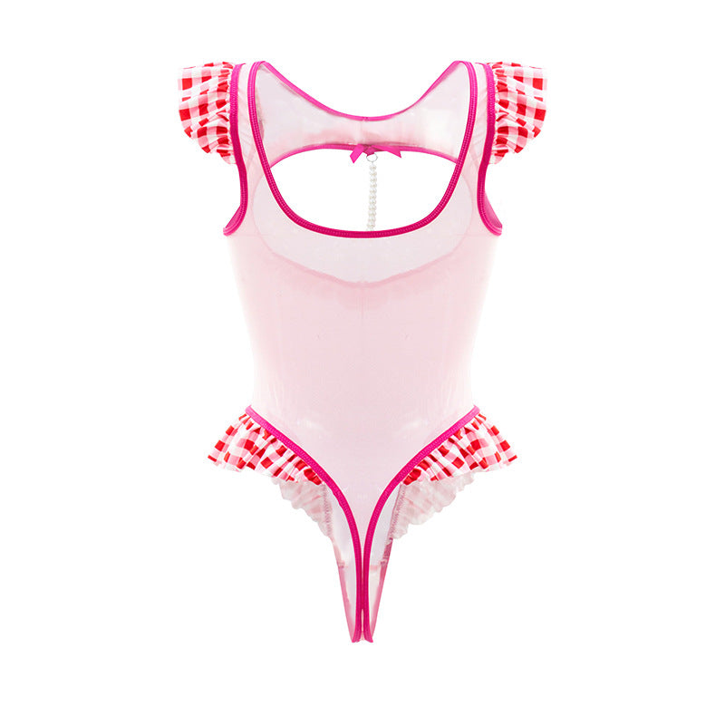 Women Pink See through Sexy Seductive Flirting Bed Passion Sexy Jumpsuit Uniform