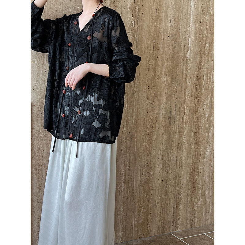 Chinese Acetate Jacquard Long Sleeved Sun Protection Shirt Women Summer V neck Lazy Old Money Light Top