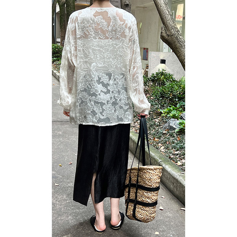 Chinese Acetate Jacquard Long Sleeved Sun Protection Shirt Women Summer V neck Lazy Old Money Light Top