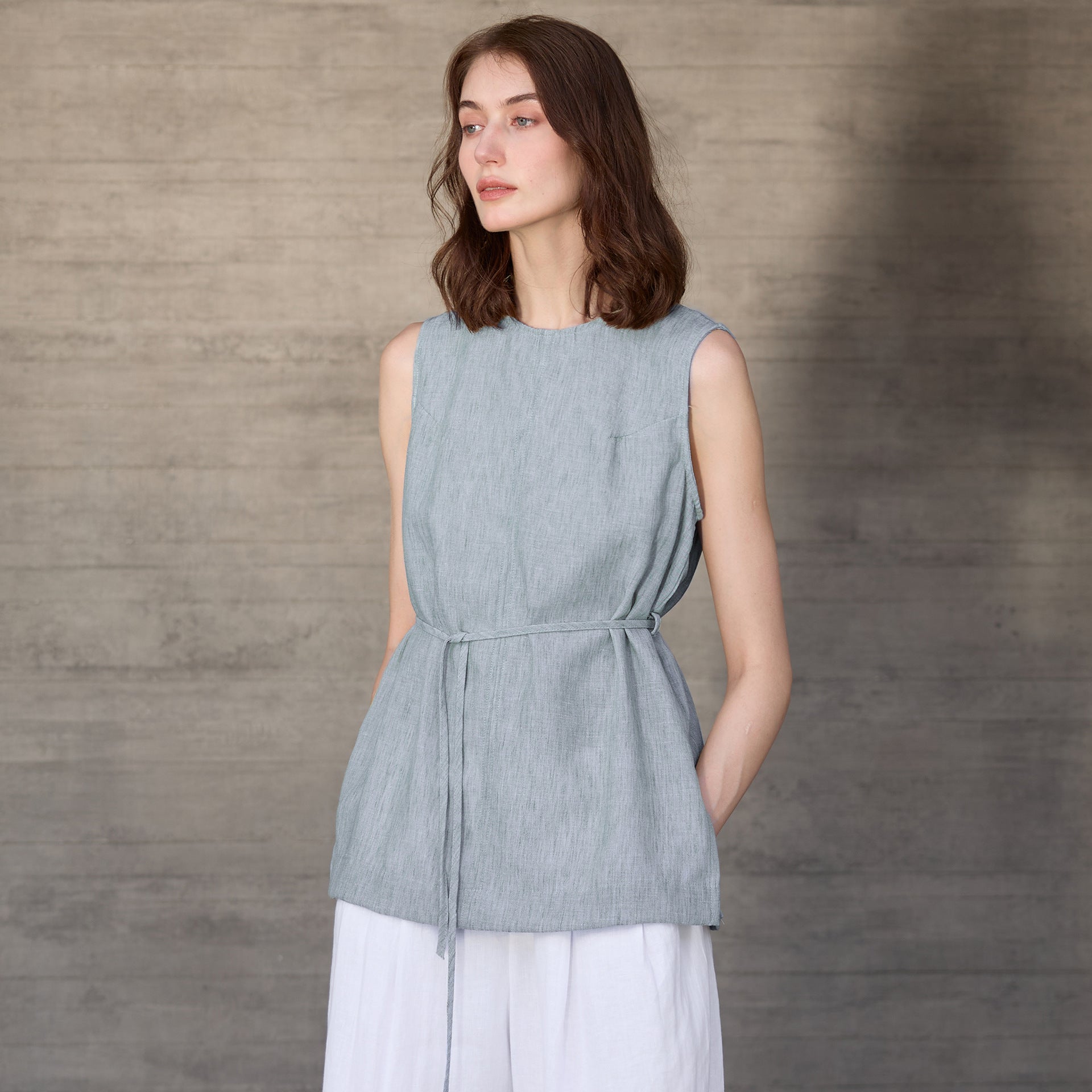 Mid Length round Neck Pure Linen Women Vest High Grade Old Money Yarn Dyed Sling Summer Lace up Loose Sleeveless Top