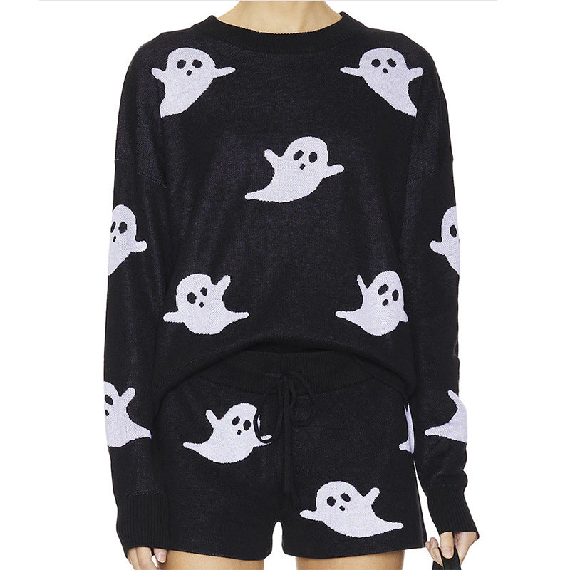 Women Clothing Dark Series Sweater Set Funny Ghost Pattern Halloween Sweater Shorts Two Piece Sets