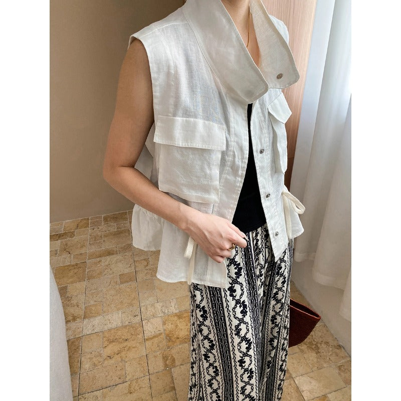 Loose Old Money Ramie Tooling Drawstring Adjustable Stand Collar Vest