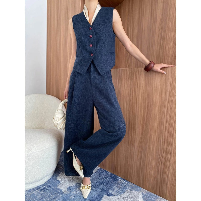Early Spring High End Sense Old Money V neck Vest Wide Leg Pants Set