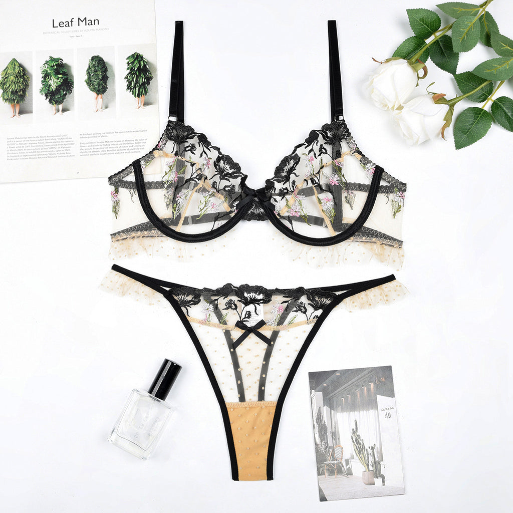 Women's Clothing Floral Embroidery Dot Mesh See through Sexy Underwear Two Piece Sets