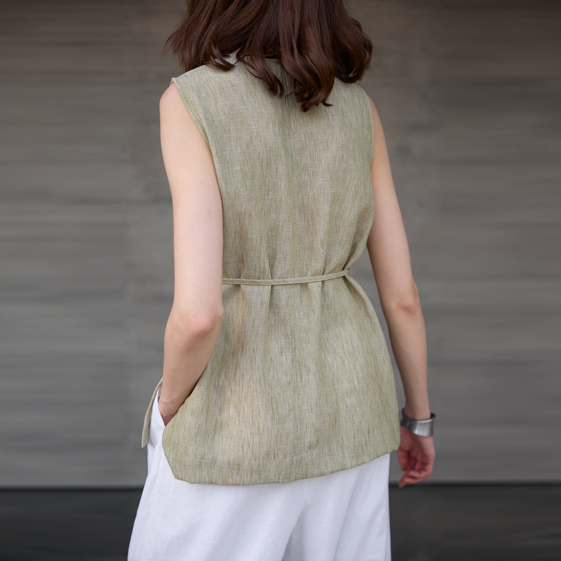 Mid Length round Neck Pure Linen Women Vest High Grade Old Money Yarn Dyed Sling Summer Lace up Loose Sleeveless Top