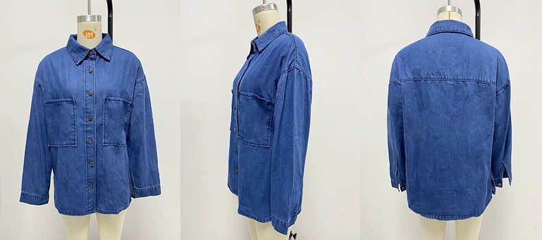 Retro Collared Denim Coat Women Blue Large Pocket Loose Casual Jacket