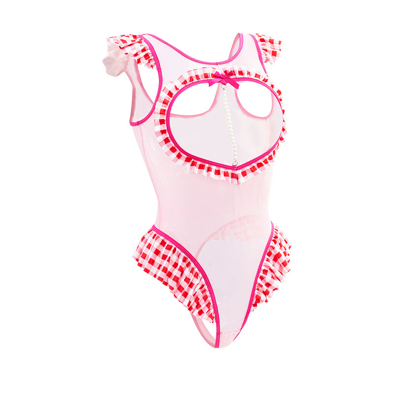 Women Pink See through Sexy Seductive Flirting Bed Passion Sexy Jumpsuit Uniform