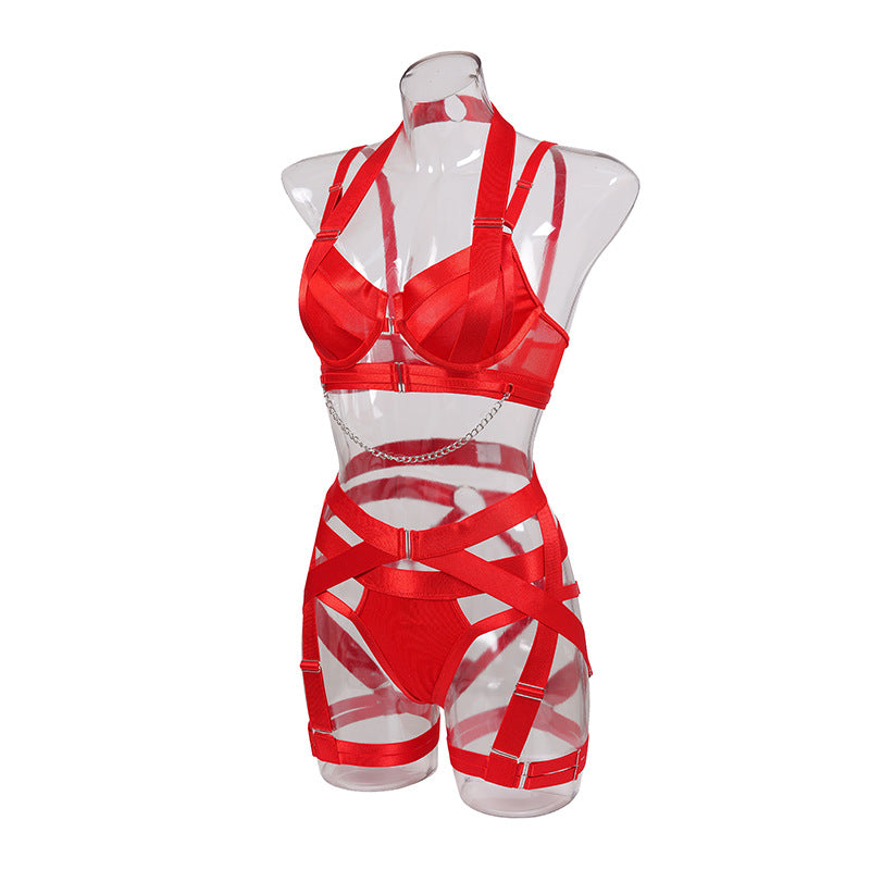 Summer Hollow Out Cutout out Lace up Cross Sexy Lingerie Body Shaping Two Piece Set