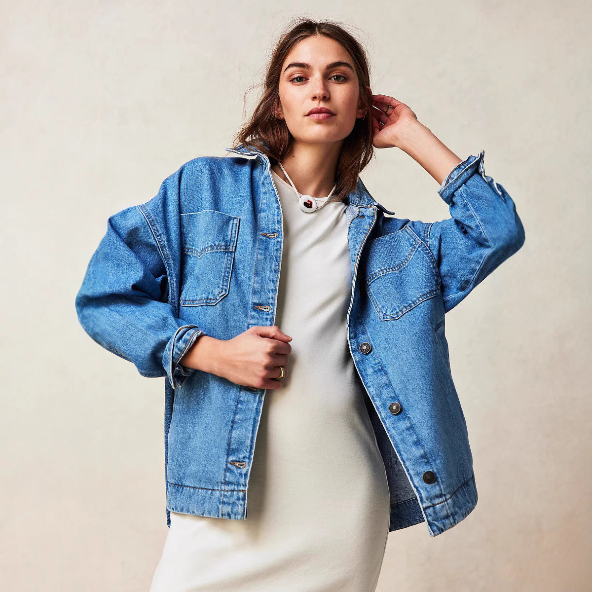 Casual Pocket Side Slit Denim Women Coat