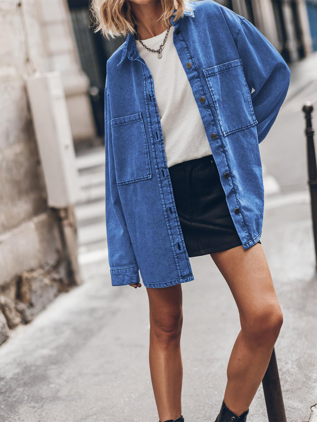 Retro Collared Denim Coat Women Blue Large Pocket Loose Casual Jacket