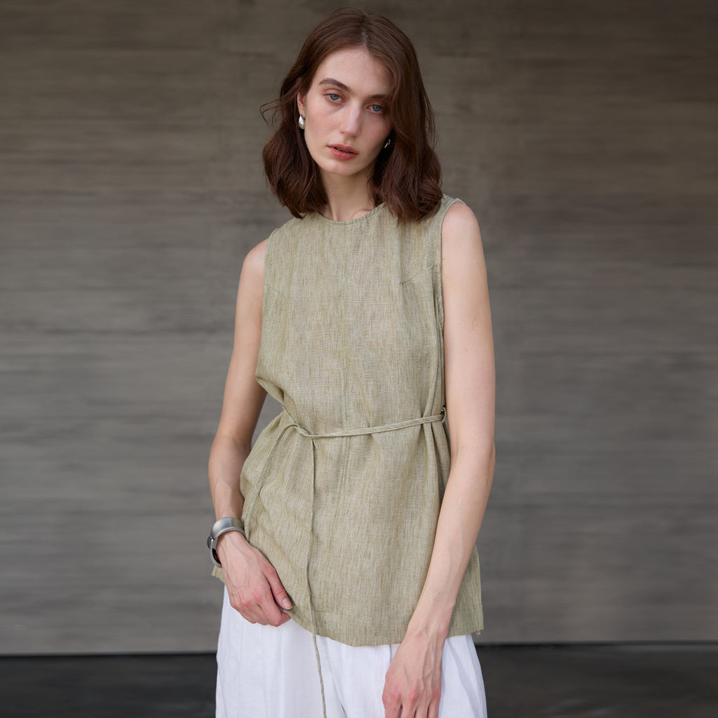Mid Length round Neck Pure Linen Women Vest High Grade Old Money Yarn Dyed Sling Summer Lace up Loose Sleeveless Top