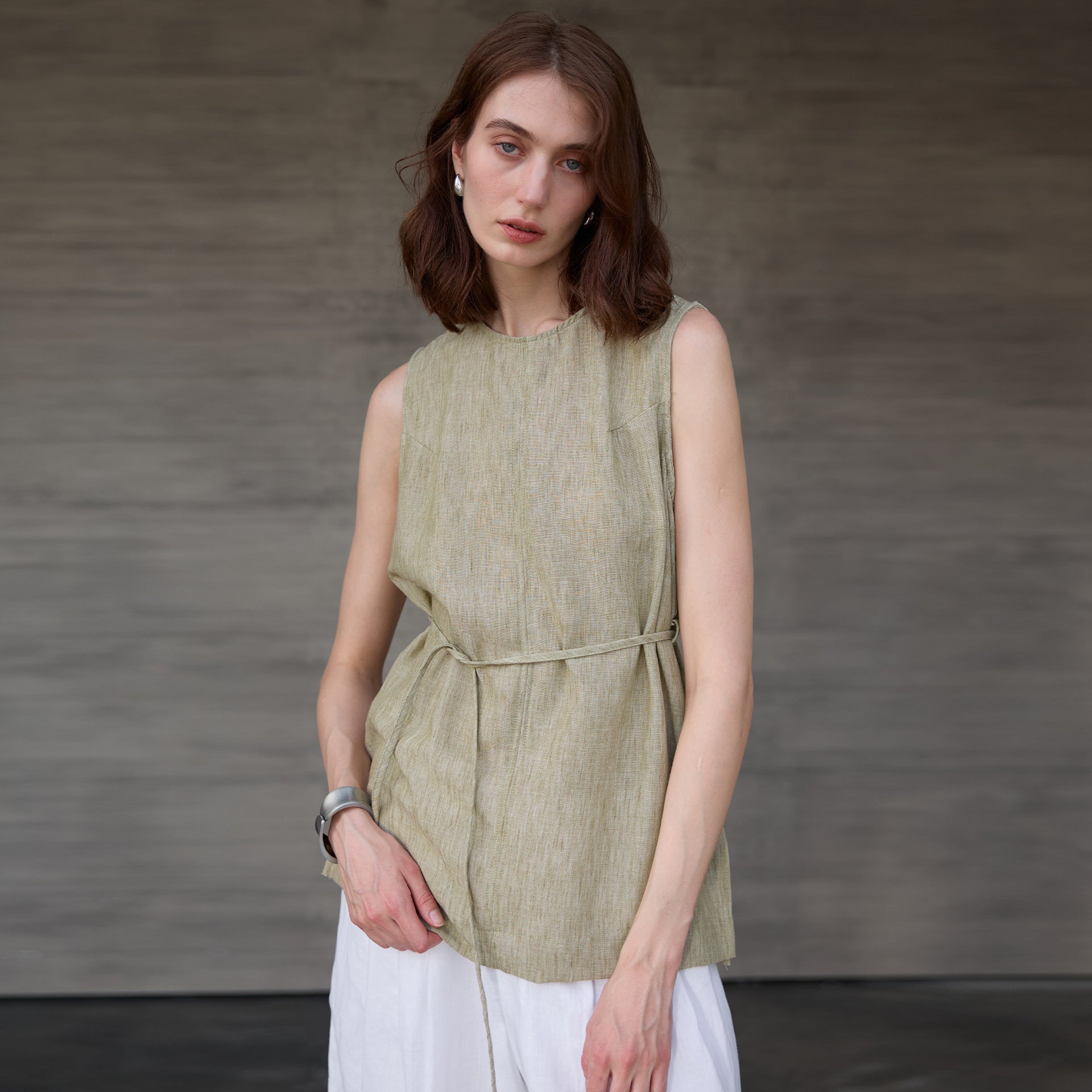 Mid Length round Neck Pure Linen Women Vest High Grade Old Money Yarn Dyed Sling Summer Lace up Loose Sleeveless Top
