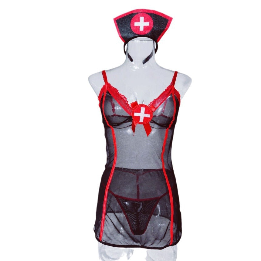 Sexy Lingerie Black Nurse Uniform Role Playing Uniform Temptation Perspective One Piece Set