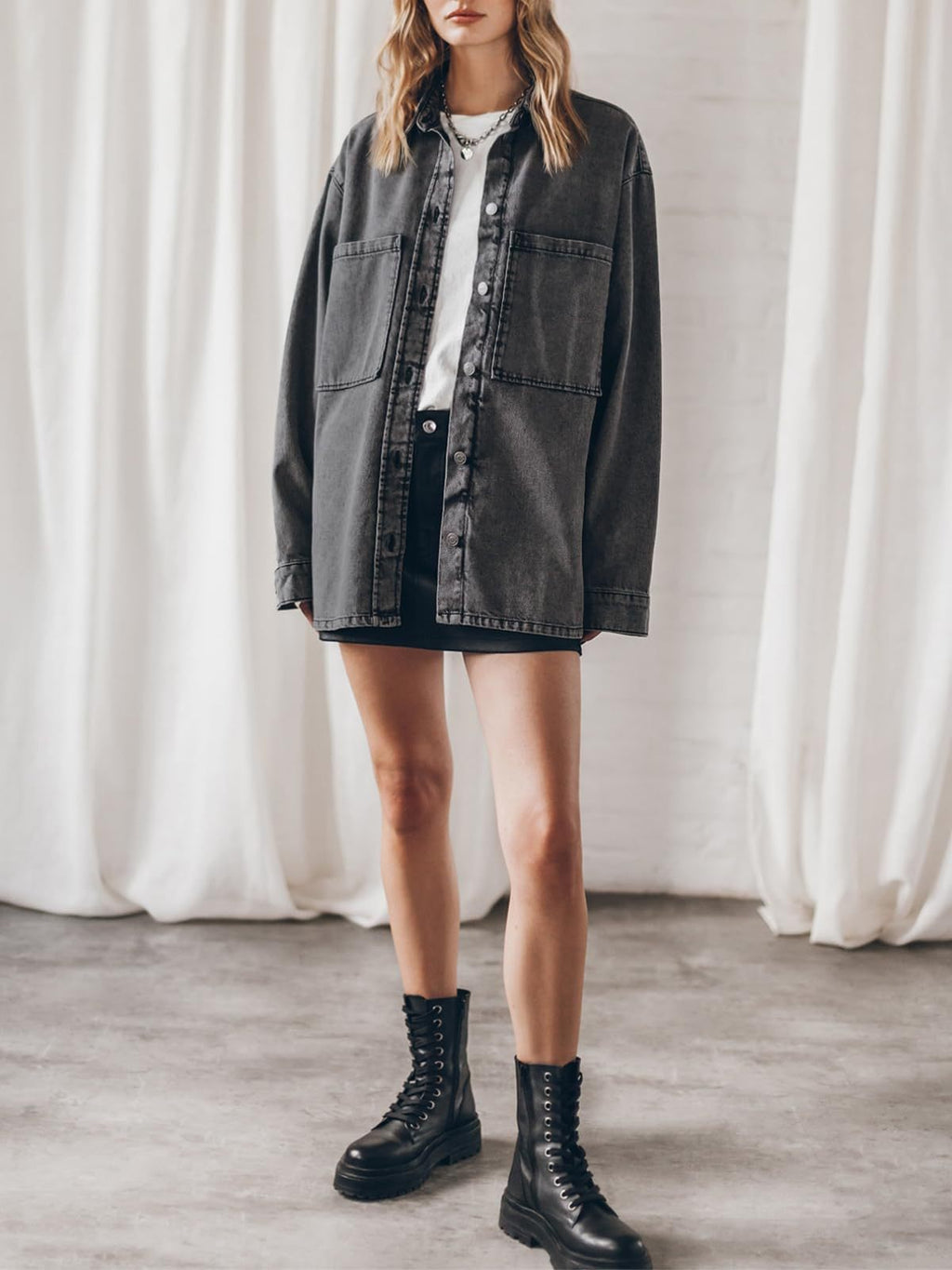 Retro Collared Denim Coat Women Blue Large Pocket Loose Casual Jacket