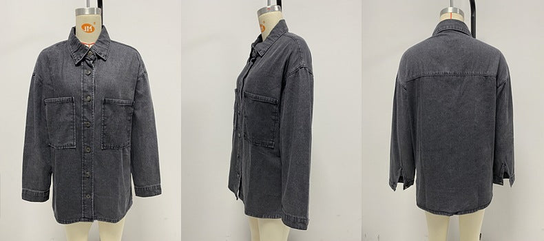 Retro Collared Denim Coat Women Blue Large Pocket Loose Casual Jacket