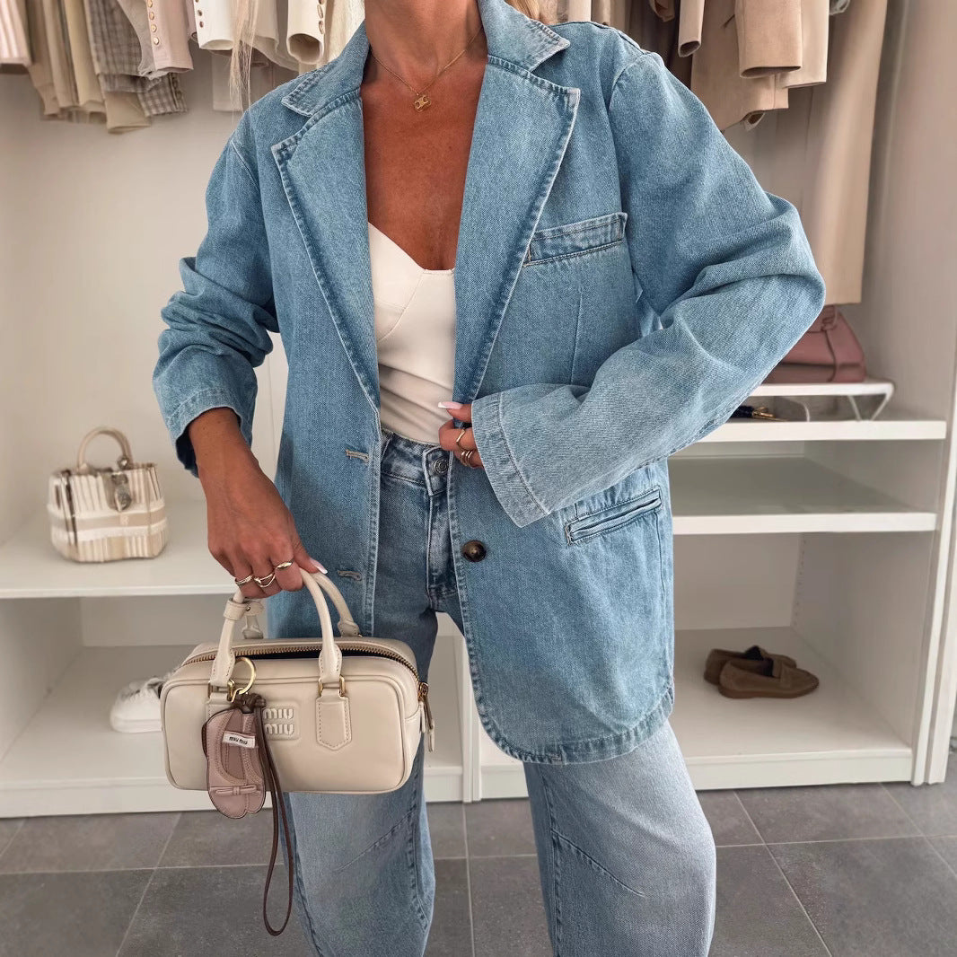 Casual Loose Washed out Blue Denim Women Blazer