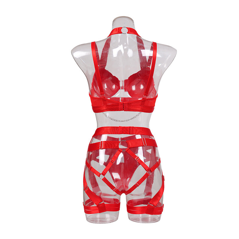 Summer Hollow Out Cutout out Lace up Cross Sexy Lingerie Body Shaping Two Piece Set