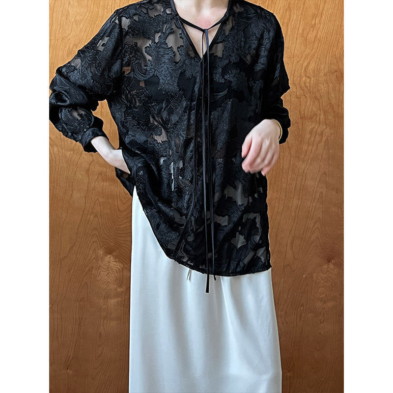 Chinese Acetate Jacquard Long Sleeved Sun Protection Shirt Women Summer V neck Lazy Old Money Light Top