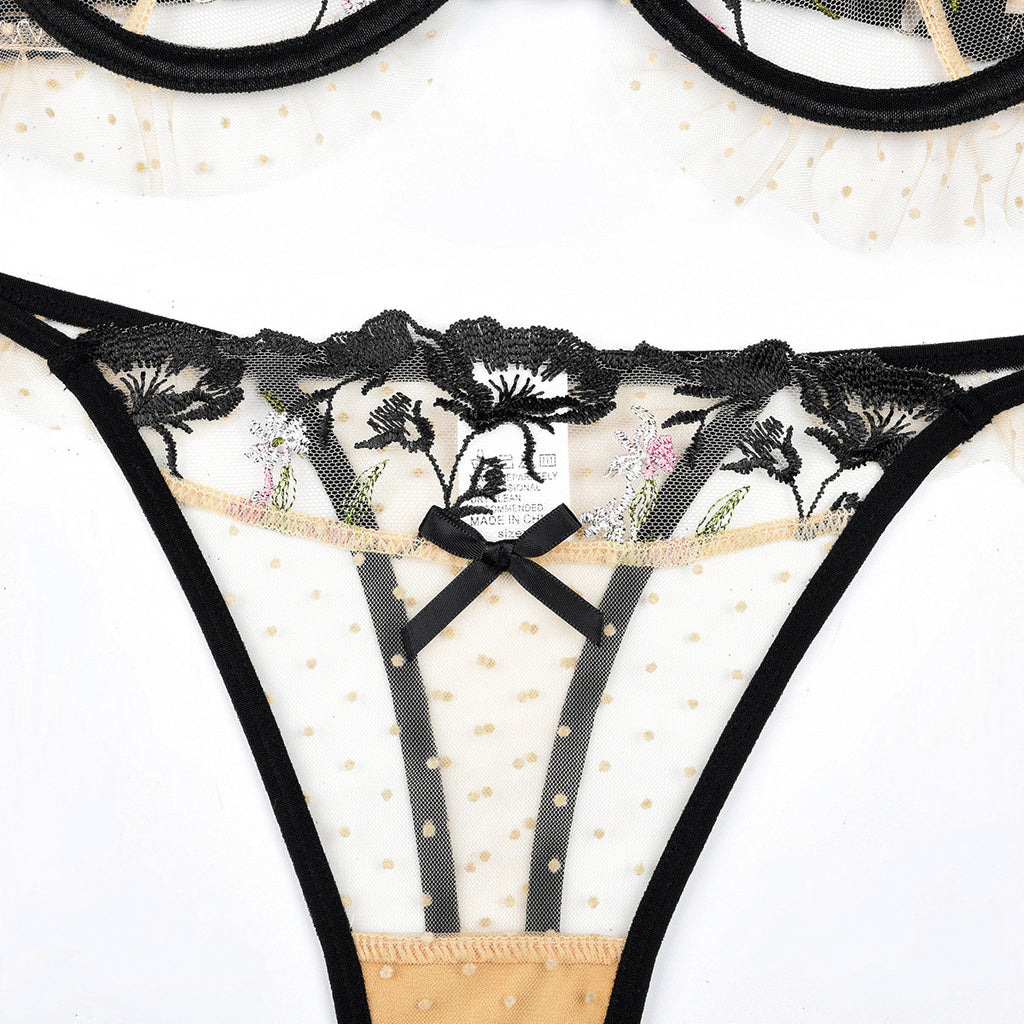 Women's Clothing Floral Embroidery Dot Mesh See through Sexy Underwear Two Piece Sets