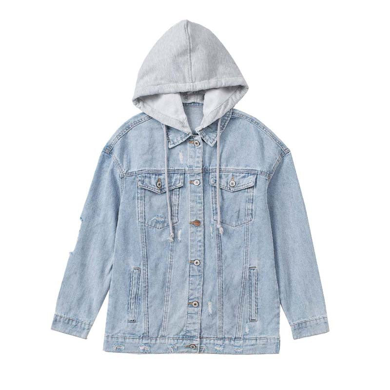 Sky Blue Button Closure Ripped Hooded Denim Jacket Women Washed Frayed Jacket