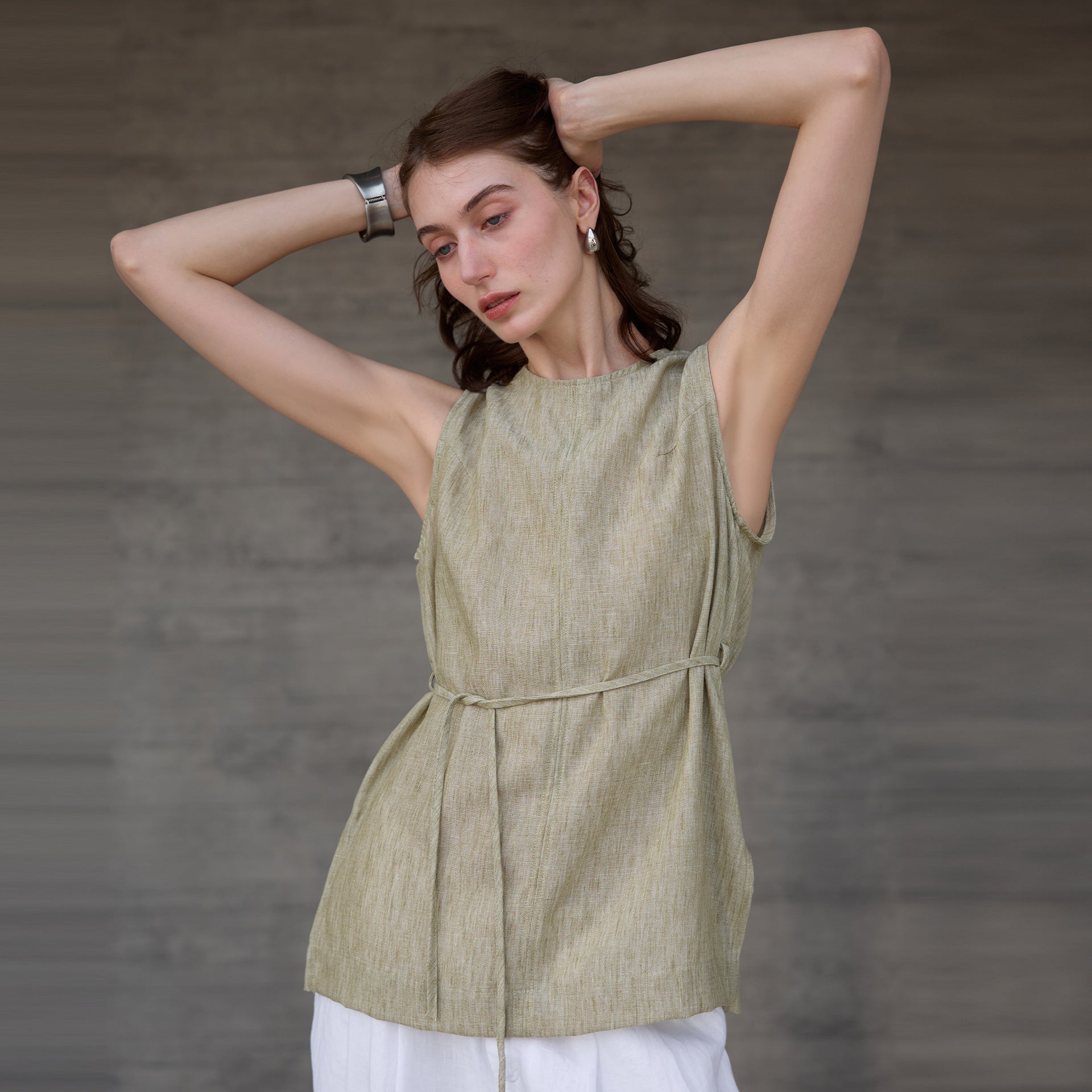 Mid Length round Neck Pure Linen Women Vest High Grade Old Money Yarn Dyed Sling Summer Lace up Loose Sleeveless Top