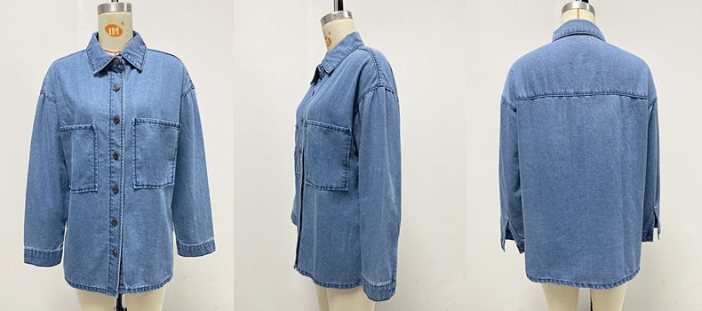 Retro Collared Denim Coat Women Blue Large Pocket Loose Casual Jacket