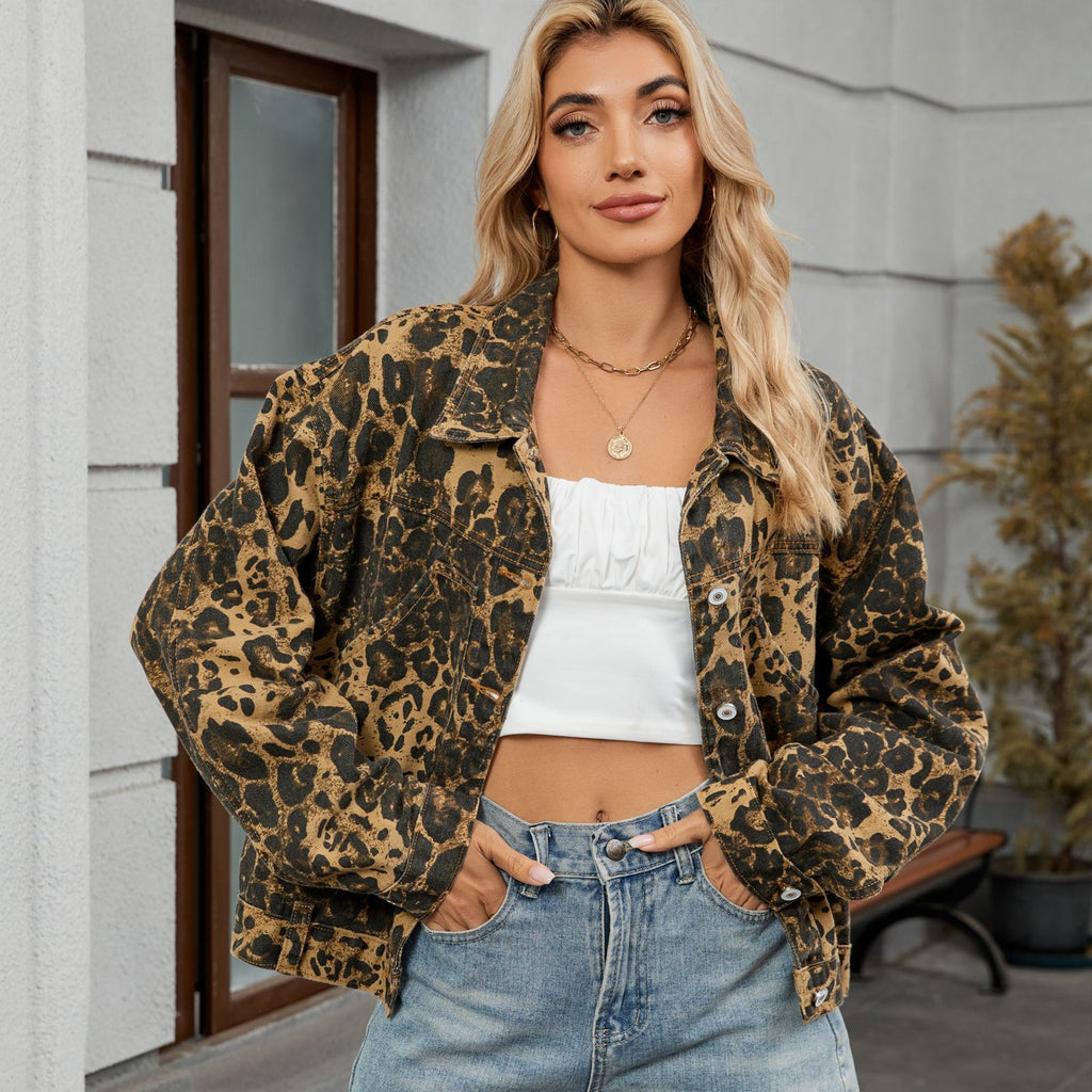 Autumn Leopard Print Patterned Denim Jacket Jacket