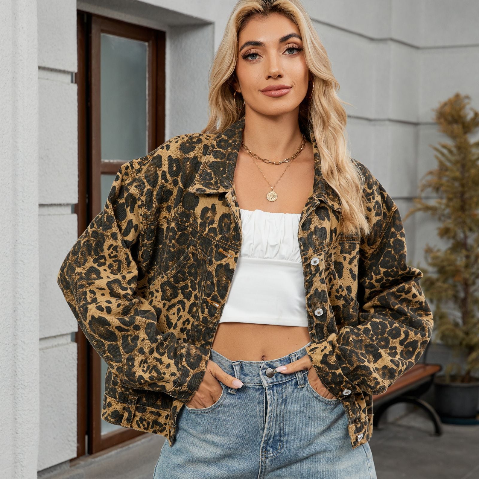 Autumn Leopard Print Patterned Denim Jacket Jacket