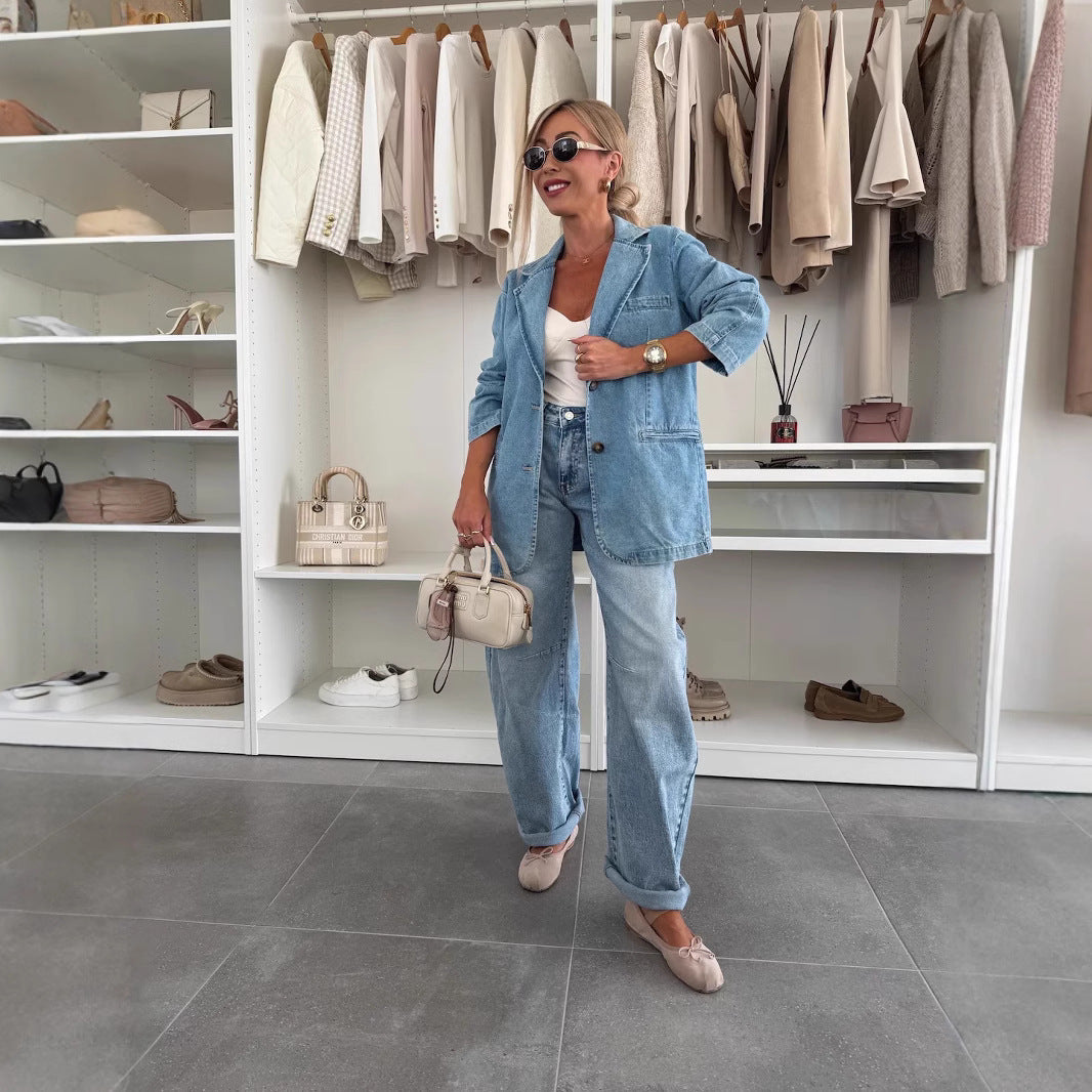 Casual Loose Washed out Blue Denim Women Blazer