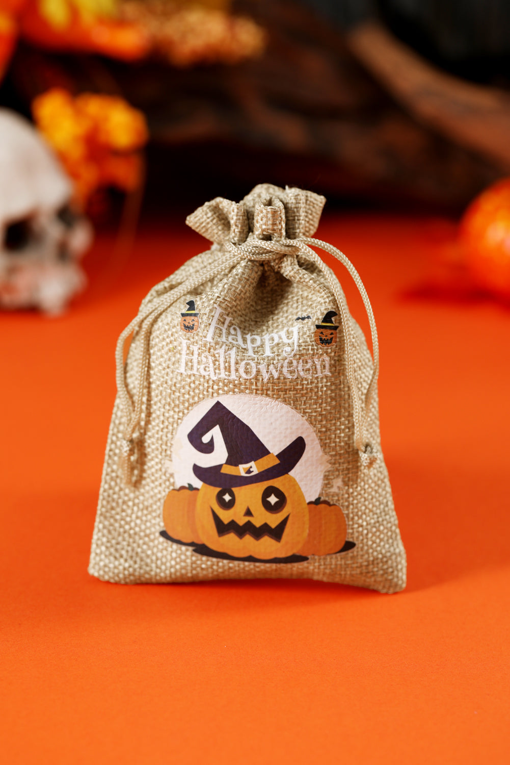 Orange Pumpkin Witch Halloween Party Gift Burlap Bag