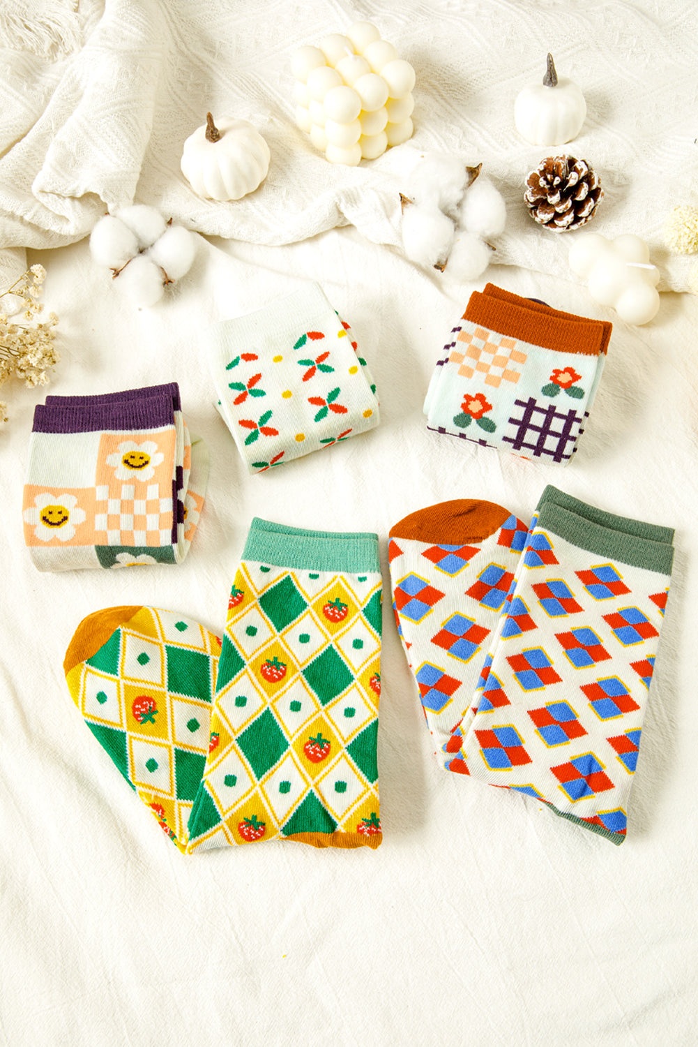 White Plaid Floral Cotton Crew Socks